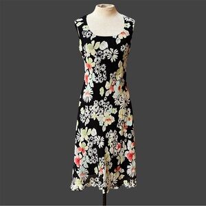 Black Floral 90s Style Midi Dress Gauzy Flowy Fabric Medium